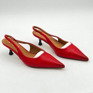 FSJ Red  Mid Kitten Heel Slingback Sandal Pointy Toe Sexy Pumps Comfortable